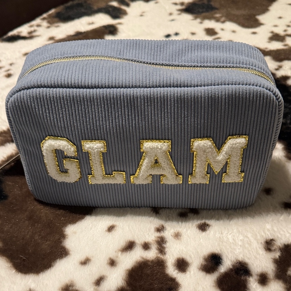 GLAM BAG - Blue Corduroy Makeup Bag with Gold Accents NWT